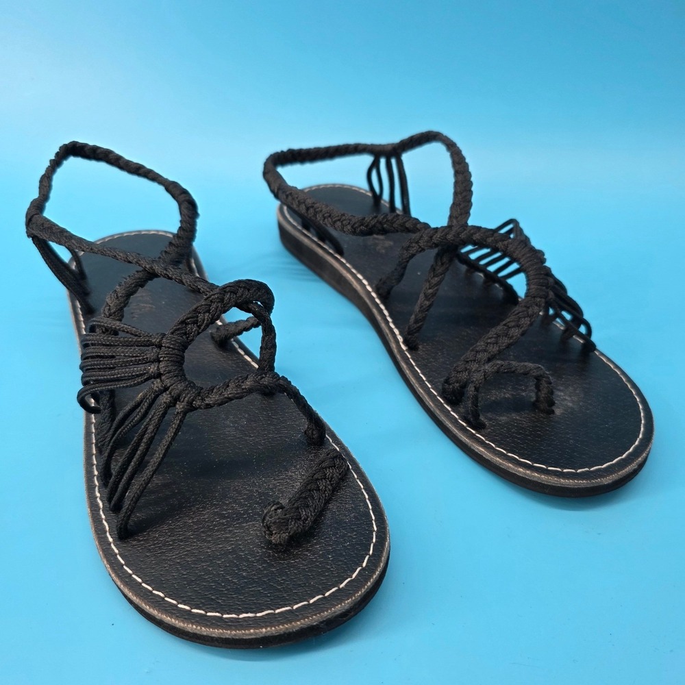 Plaka Women‎ Black Palm Leaf Flat Sandals Hand Woven Rope Strappy Boho Size 8